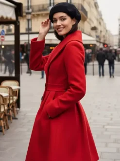 Manteau trapèze en laine mélangée avec col châle et boutons noirs pour femme 2026
