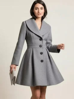 Manteau trapèze en laine mélangée avec col châle et boutons noirs pour femme 2026