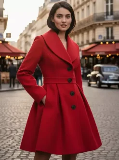 Manteau trapèze en laine mélangée avec col châle et boutons noirs pour femme 2026