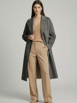 Manteau trapèze vintage en laine et cachemire mélangés avec revers classique et ceinture pour femme (collection 2026)