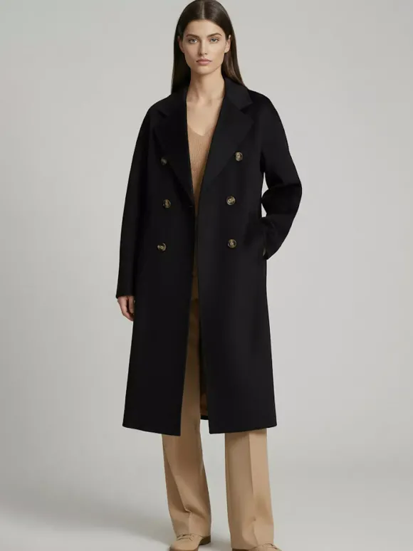 Manteau trapèze vintage en laine et cachemire mélangés avec revers classique et ceinture pour femme (collection 2026)