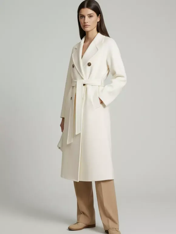 Manteau trapèze vintage en laine et cachemire mélangés avec revers classique et ceinture pour femme (collection 2026)