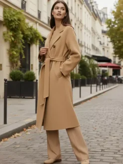 Manteau trapèze vintage en laine et cachemire mélangés avec revers classique et ceinture pour femme (collection 2026)