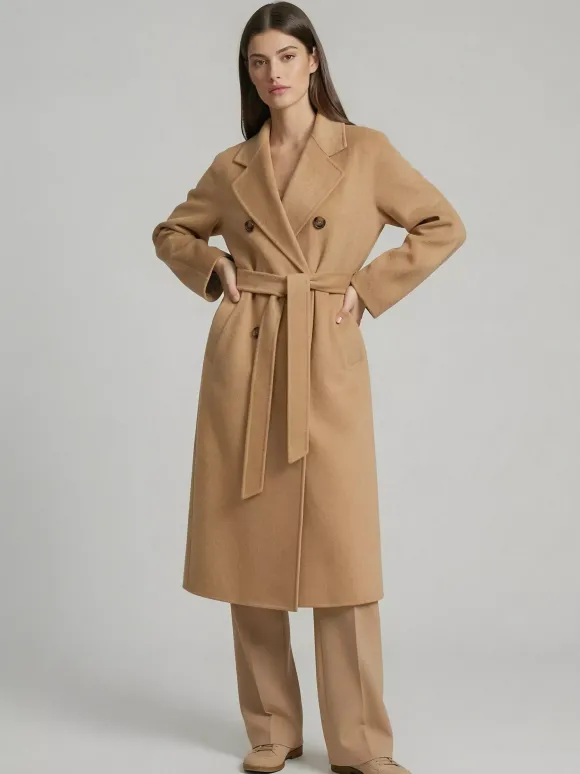 Manteau trapèze vintage en laine et cachemire mélangés avec revers classique et ceinture pour femme (collection 2026)