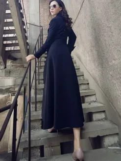 Manteau Trench Long Femme Bas Evasée à Col Revers avec Manches Longues Coupe Cintrée à Lacets Unicolore
