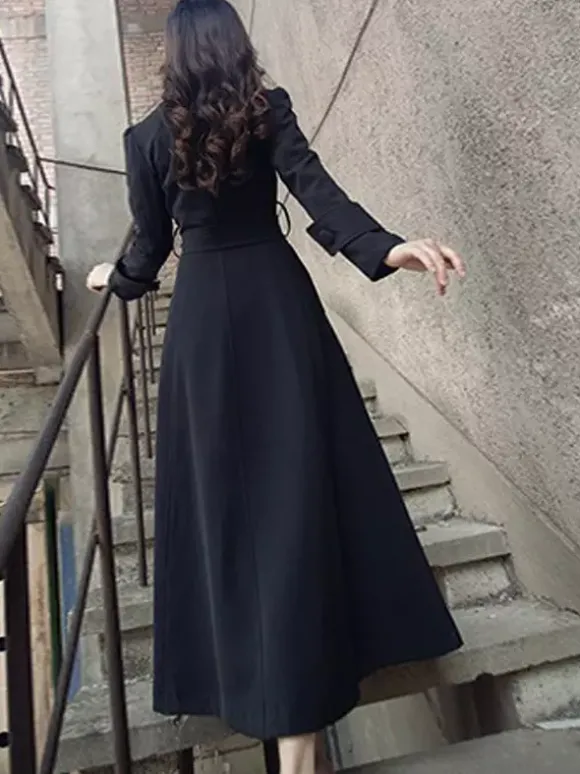 Manteau Trench Long Femme Bas Evasée à Col Revers avec Manches Longues Coupe Cintrée à Lacets Unicolore