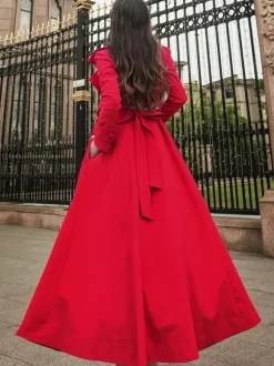 Manteau Trench Long Femme Bas Evasée à Col Revers avec Manches Longues Coupe Cintrée à Lacets Unicolore