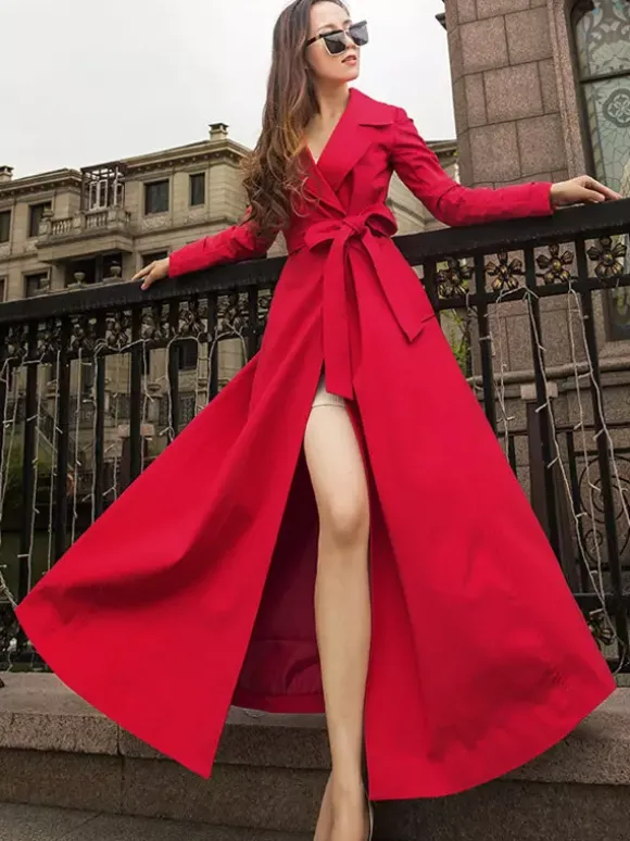 Manteau Trench Long Femme Bas Evasée à Col Revers avec Manches Longues Coupe Cintrée à Lacets Unicolore