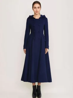 Manteau évasé en laine avec capuche bleu marine foncé croisé élégant coupe trapèze vêtement d'extérieur long pour femme hiver 2026