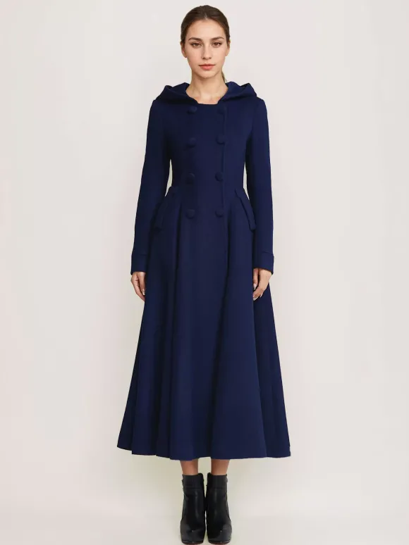 Manteau évasé en laine avec capuche bleu marine foncé croisé élégant coupe trapèze vêtement d'extérieur long pour femme hiver 2026