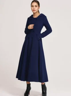 Manteau évasé en laine avec capuche bleu marine foncé croisé élégant coupe trapèze vêtement d'extérieur long pour femme hiver 2026