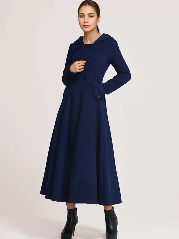 Manteau évasé en laine avec capuche bleu marine foncé croisé élégant coupe trapèze vêtement d'extérieur long pour femme hiver 2026