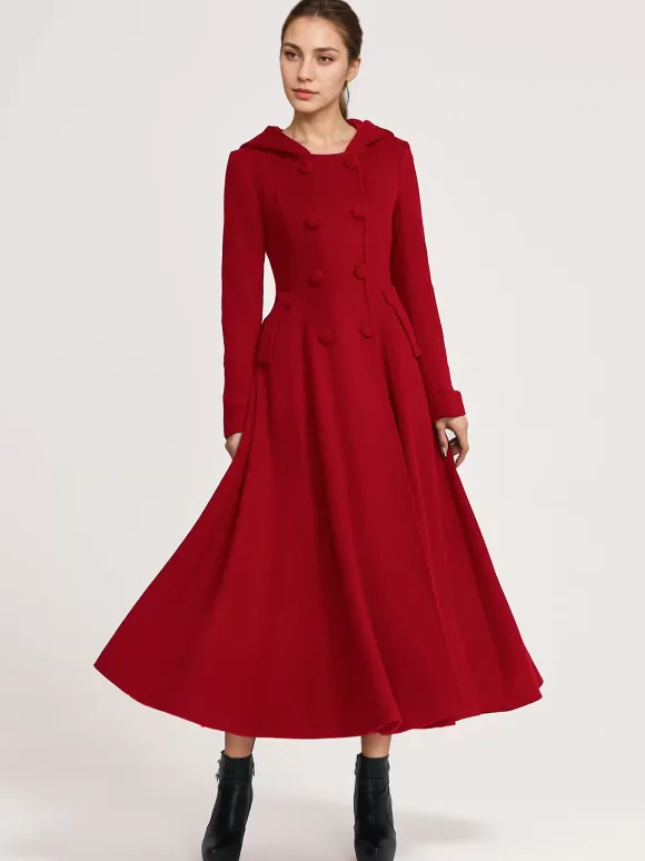 Manteau évasé en laine avec capuche bleu marine foncé croisé élégant coupe trapèze vêtement d'extérieur long pour femme hiver 2026