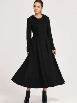 Manteau évasé en laine avec capuche bleu marine foncé croisé élégant coupe trapèze vêtement d'extérieur long pour femme hiver 2026