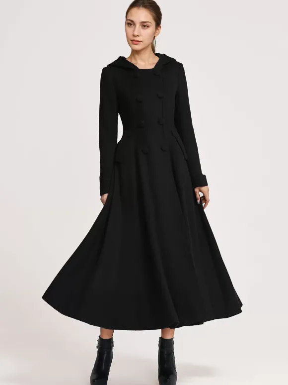 Manteau évasé en laine avec capuche bleu marine foncé croisé élégant coupe trapèze vêtement d'extérieur long pour femme hiver 2026