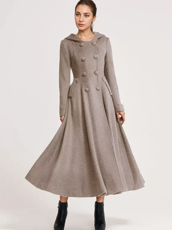 Manteau évasé en laine avec capuche bleu marine foncé croisé élégant coupe trapèze vêtement d'extérieur long pour femme hiver 2026