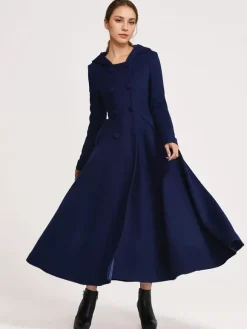 Manteau évasé en laine avec capuche bleu marine foncé croisé élégant coupe trapèze vêtement d'extérieur long pour femme hiver 2026