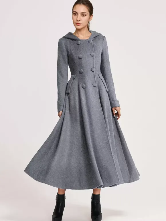 Manteau évasé en laine avec capuche bleu marine foncé croisé élégant coupe trapèze vêtement d'extérieur long pour femme hiver 2026
