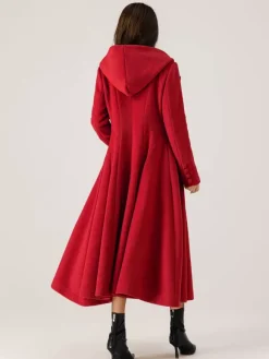 Manteau évasé en laine avec capuche pour femme rouge coupe trapèze long vêtement d'extérieur d'hiver 2026