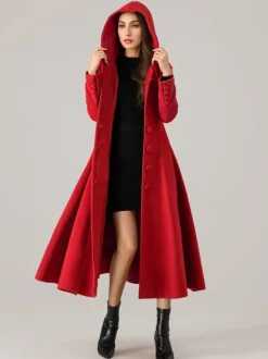 Manteau évasé en laine avec capuche pour femme rouge coupe trapèze long vêtement d'extérieur d'hiver 2026