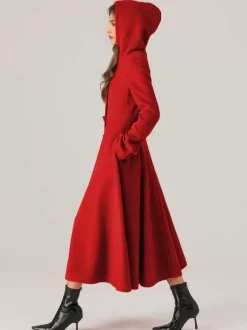 Manteau évasé en laine avec capuche pour femme rouge coupe trapèze long vêtement d'extérieur d'hiver 2026