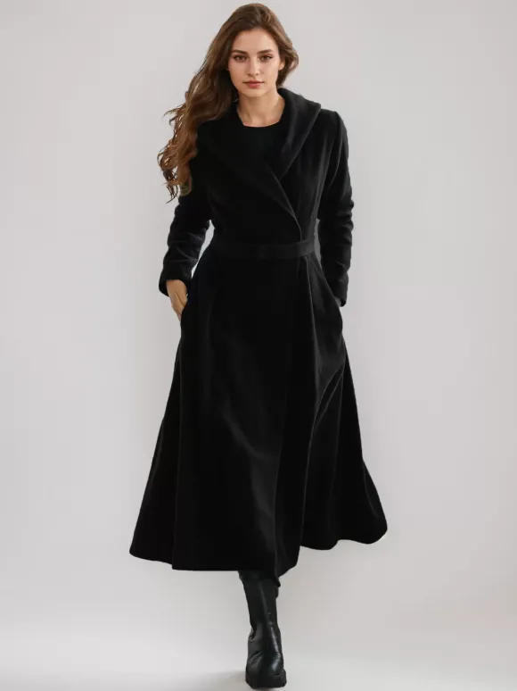 Manteau évasé en laine avec capuche style vintage ceinture coupe trapèze vêtement d'extérieur long pour femme hiver 2026