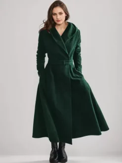 Manteau évasé en laine avec capuche style vintage ceinture coupe trapèze vêtement d'extérieur long pour femme hiver 2026