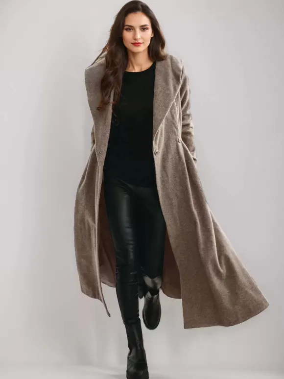 Manteau évasé en laine avec capuche style vintage ceinture coupe trapèze vêtement d'extérieur long pour femme hiver 2026