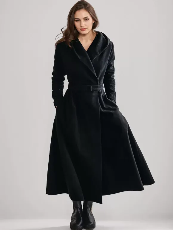 Manteau évasé en laine avec capuche style vintage ceinture coupe trapèze vêtement d'extérieur long pour femme hiver 2026