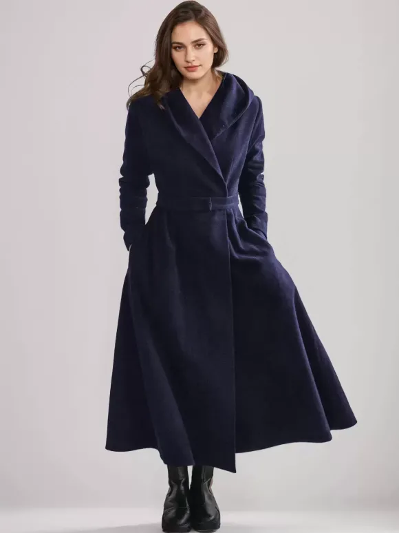 Manteau évasé en laine avec capuche style vintage ceinture coupe trapèze vêtement d'extérieur long pour femme hiver 2026