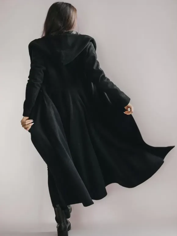 Manteau évasé en laine avec capuche style vintage ceinture coupe trapèze vêtement d'extérieur long pour femme hiver 2026