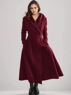 Manteau évasé en laine avec capuche style vintage ceinture coupe trapèze vêtement d'extérieur long pour femme hiver 2026