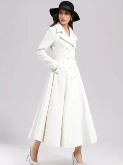 Manteau évasé en laine blanche pour femme revers large croisé hiver ligne A mi-long vêtements d'extérieur 2026