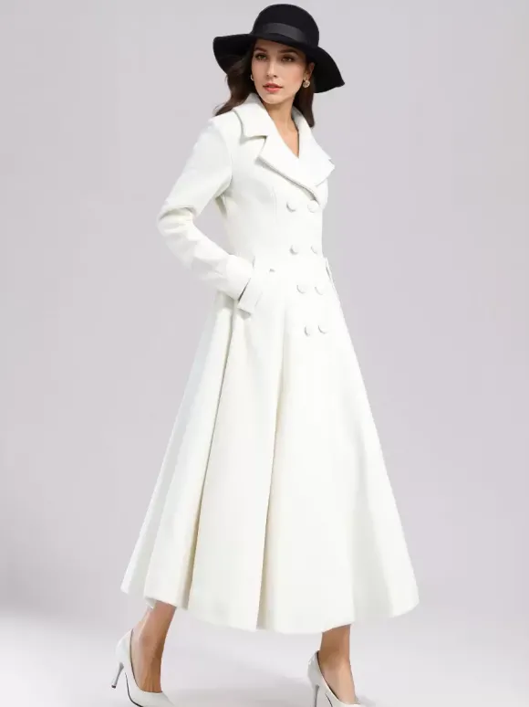 Manteau évasé en laine blanche pour femme revers large croisé hiver ligne A mi-long vêtements d'extérieur 2026