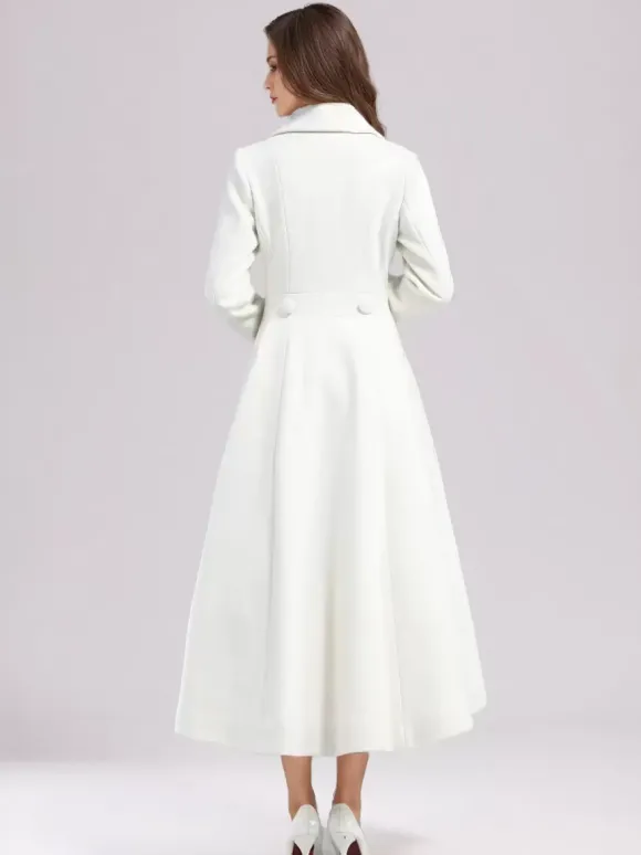 Manteau évasé en laine blanche pour femme revers large croisé hiver ligne A mi-long vêtements d'extérieur 2026