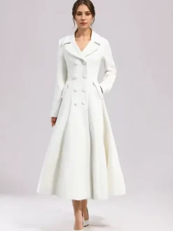 Manteau évasé en laine blanche pour femme revers large croisé hiver ligne A mi-long vêtements d'extérieur 2026