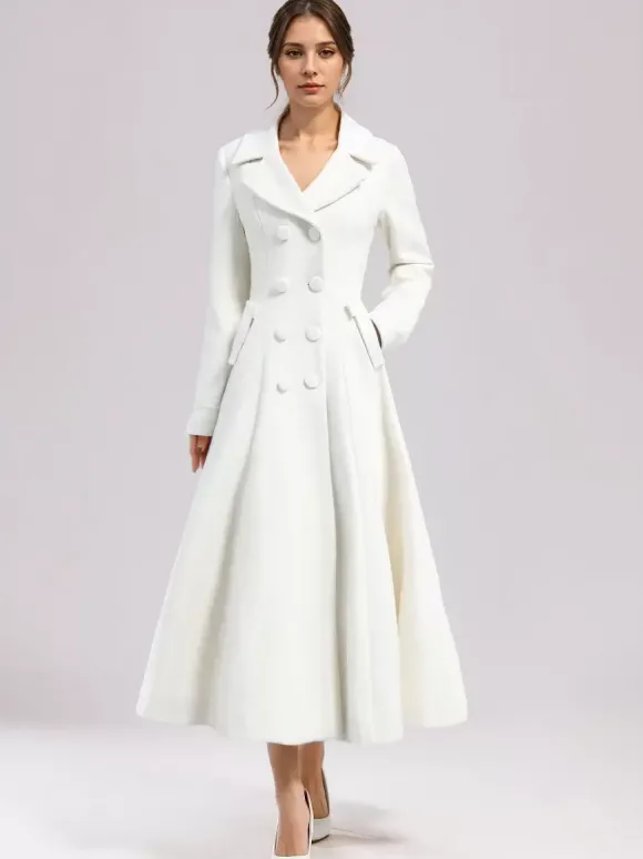 Manteau évasé en laine blanche pour femme revers large croisé hiver ligne A mi-long vêtements d'extérieur 2026