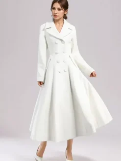 Manteau évasé en laine blanche pour femme revers large croisé hiver ligne A mi-long vêtements d'extérieur 2026