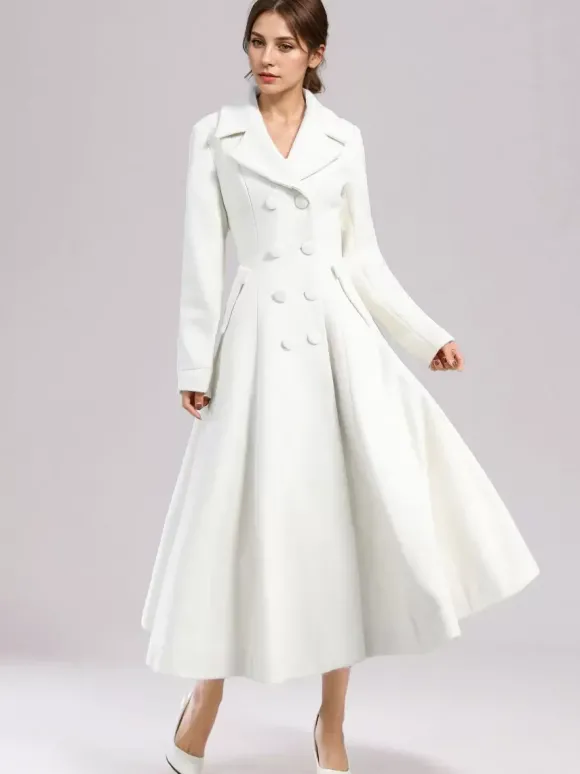 Manteau évasé en laine blanche pour femme revers large croisé hiver ligne A mi-long vêtements d'extérieur 2026