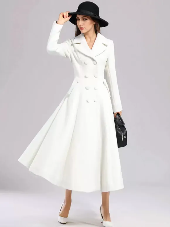 Manteau évasé en laine blanche pour femme revers large croisé hiver ligne A mi-long vêtements d'extérieur 2026