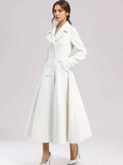 Manteau évasé en laine blanche pour femme revers large croisé hiver ligne A mi-long vêtements d'extérieur 2026