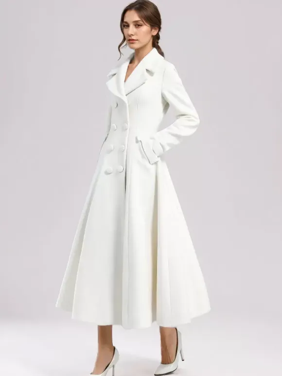 Manteau évasé en laine blanche pour femme revers large croisé hiver ligne A mi-long vêtements d'extérieur 2026