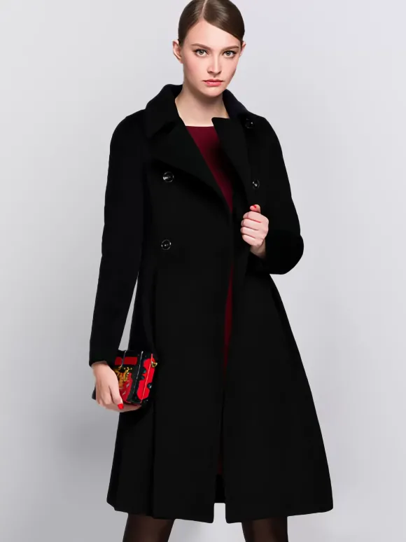 Manteau évasé en laine bordeaux à double boutonnage et col rabattu coupe trapèze vêtement d'extérieur mi-long d'hiver pour femme 2026