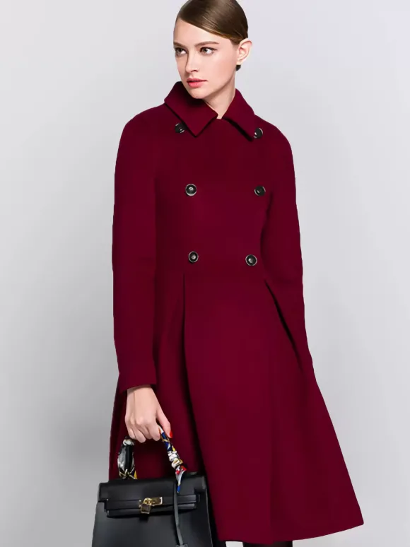 Manteau évasé en laine bordeaux à double boutonnage et col rabattu coupe trapèze vêtement d'extérieur mi-long d'hiver pour femme 2026