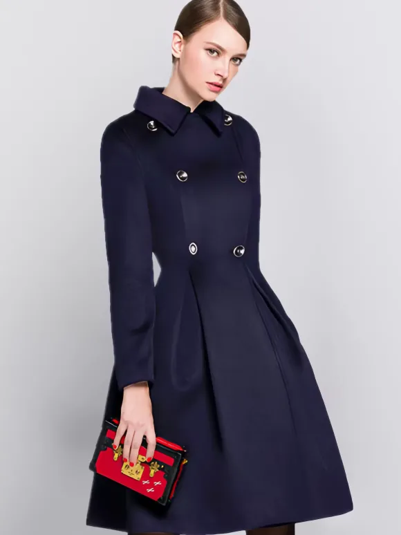 Manteau évasé en laine bordeaux à double boutonnage et col rabattu coupe trapèze vêtement d'extérieur mi-long d'hiver pour femme 2026