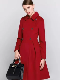 Manteau évasé en laine bordeaux à double boutonnage et col rabattu coupe trapèze vêtement d'extérieur mi-long d'hiver pour femme 2026