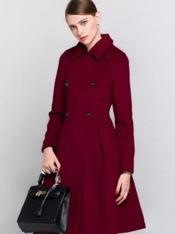 Manteau évasé en laine bordeaux à double boutonnage et col rabattu coupe trapèze vêtement d'extérieur mi-long d'hiver pour femme 2026