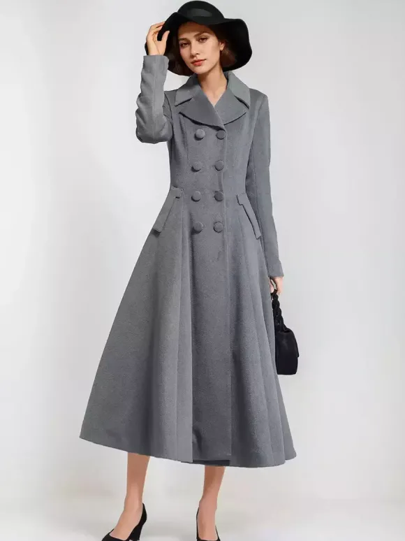 Manteau évasé en laine mélangée pour femme bleu marine foncé croisé revers larges coupe trapèze vêtements d'extérieur d'hiver 2026