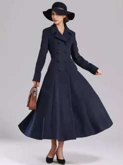 Manteau évasé en laine mélangée pour femme bleu marine foncé croisé revers larges coupe trapèze vêtements d'extérieur d'hiver 2026