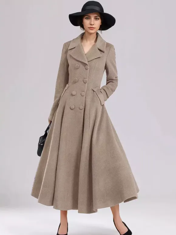 Manteau évasé en laine mélangée pour femme bleu marine foncé croisé revers larges coupe trapèze vêtements d'extérieur d'hiver 2026